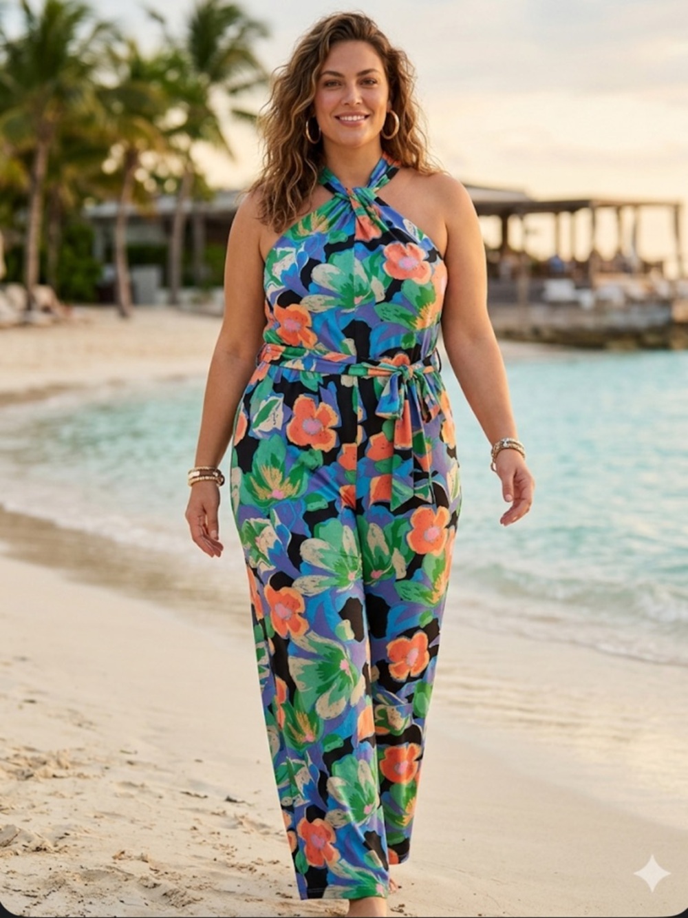 NWT Tahari ASL Floral Twist Neck Halter Wide Leg Jumpsuit 18W